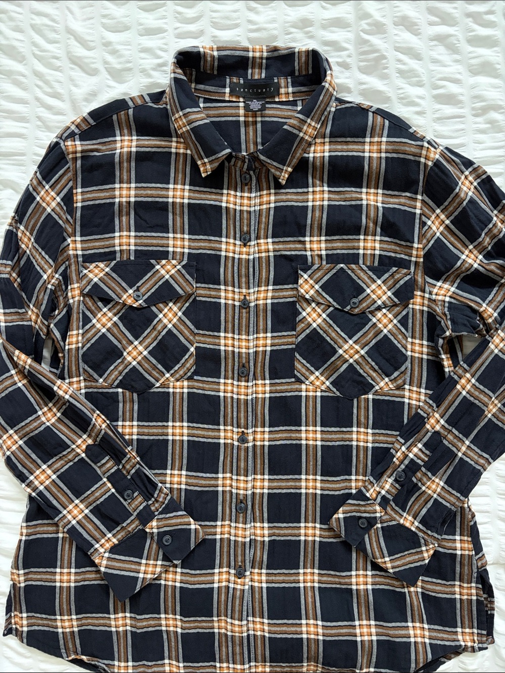 Sanctuary Boyfriend Button-Down Shirt in Herringbone Plaid. Lightweight Cotton.